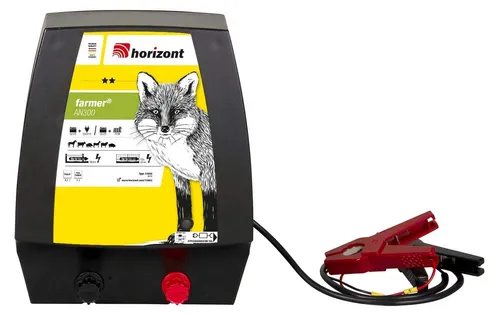 horizont 12 V / 230 V Weidezaungerät - farmer® AN300 - Vielseitiges Elektrozaungerät für Zaunlängen bis 18 km. Mit Dualbetrieb und Solaroption für optimale Energieversorgung. UV-beständig und spritzwassergeschützt für langlebige Nutzung.