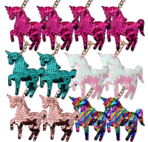 TE-Trend Schlüsselanhänger Set 12 Stück Einhorn Pferd Glitzer Pailletten Keychain Mädchen (12-tlg., 5-fach sortiert), mit Kette und Schlüsselring