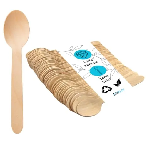Enpack Holzlöffel 1000 Stück - Einwegbesteck Löffel 160mm - 100% umweltfreundliches Holzbesteck Einweg - Nachhaltige Einweg Löffel - Suppenlöffel Eislöffel Esslöffel Einmalbesteck - wooden spoon