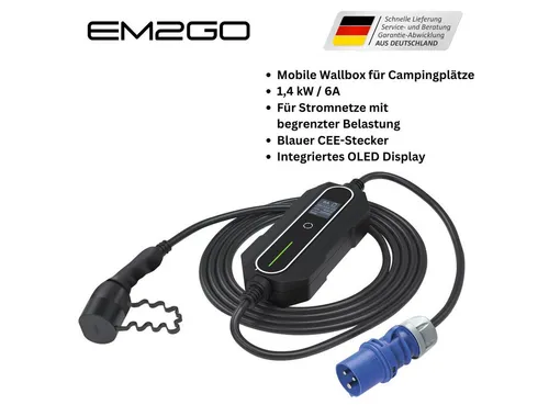 Mobile Camping Wallbox - EM014ACC - Ladestation für Camping, wasserbeständig mit umfassendem Schutzsystem und 5 m Kabel für flexibles Laden unterwegs.