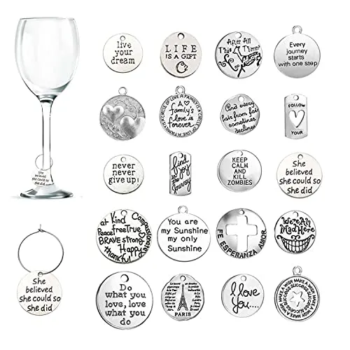 CNYMANY 20 Stück Weinglas Anhänger Charms, Inspirationstext Kelch Trinken Marker Tags mit Schnallendesign für Wein Cocktail Champagner-Verkostungsparty Gefälligkeiten Dekorationsbedarf Geschenke