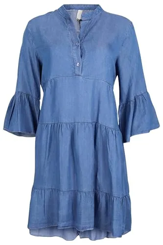 Malito Damen Midi Denimkleid - Jeanskleid mit Volantärmeln - Freizeitkleid für Damen aus 100% Lyocell – atmungsaktiv, feuchtigkeitsregulierend und perfekt für warme Tage. Stylisches Design mit V-Ausschnitt und Volantärmeln für einen eleganten Look.