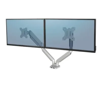 Fellowes Monitorhalterung Platinum Series für 2 Displays, silber - Ergonomische Monitorhalterung für 2 Displays, höhenverstellbar mit Gasdruckfeder, inklusive USB-Ports und Kabelmanagement. Ideal für einen aufgeräumten Arbeitsplatz.