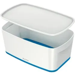 LEITZ myBox Klein A5 Aufbewahrungsbox mit Deckel in Weiß/Blau - Stylische Aufbewahrungsbox für A5 Dokumente, aus robustem ABS-Kunststoff, wasserdicht und lebensmittelecht. Ideal für eine schnelle und attraktive Organisation im Büro oder Zuhause.