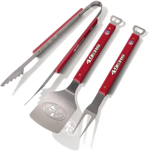 YouTheFan Unisex San Francisco 49ers Grillset - 3-teiliges Grillset aus robustem Edelstahl mit teamfarbenen Griffen und integriertem Flaschenöffner - perfekt für jeden 49ers-Fan!