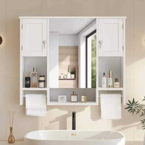VECELO Wandmontierter Spiegelschrank 18 × 89 × 73 cm, hängender Badschrank mit 2 Türen, verstellbaren Ablagen, offenen Fächern und 2 Handtuchhaltern, ideal für Badezimmer und Küche, Weiß