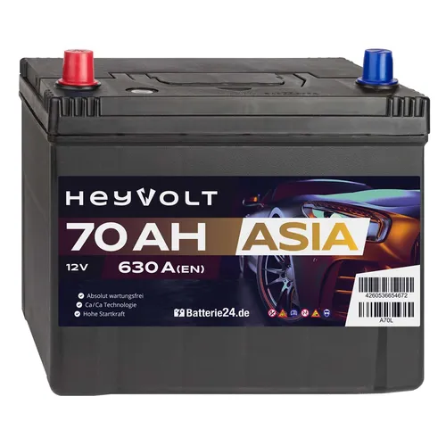 Starterbatterie HeyVolt ASIA Autobatterie A70L 12V 70Ah 630A/EN Pluspol Links