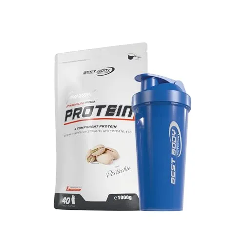 1kg Best Body Nutrition Gourmet 4 Komponenten Protein Eiweißshake - Set inkl. Protein Shaker/Gratiszugabe (Pistachio, Best Body Shaker - Blau)