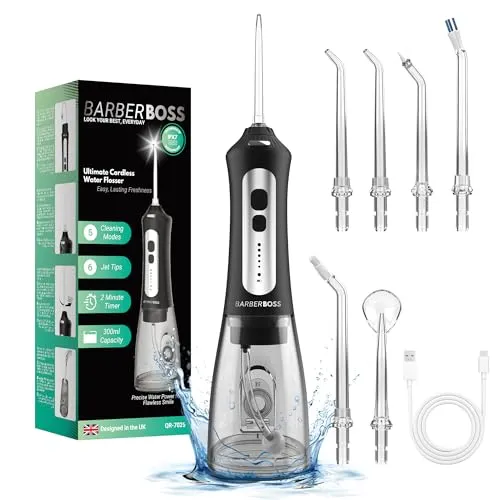BarberBoss Munddusche, fortschrittliche tragbare Munddusche, elektrische Zahnseide für effektive Zahnreinigung, umfassendes Zahnpflegeset, kabelloses Mundduschengerät, Modell QR-7025 (schwarz)