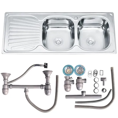 Melko Doppelspülbecken Edelstahl Einbauspüle - Hochwertige Edelstahl Doppelspüle mit Abtropffläche (120 x 50 x 18 cm), inkl. Ablaufgarnitur. Modernes Design und einfache Reinigung machen sie zur idealen Lösung für Ihre Küche.