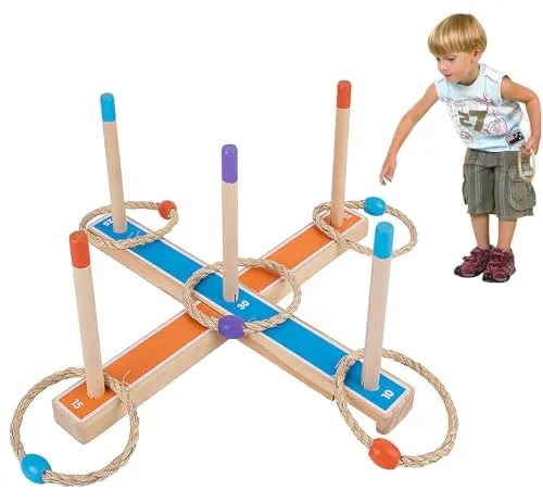 Wurfspiel Ringwurfspiel,Ringwurf-Spiel aus Holz mit 5 Spielstäben und 5 Ringen aus Sisal, Geschicklichkeits-Spiel für Kinder und Erwachsene, beliebtes Outdoor-Sportspiel für den Sommer