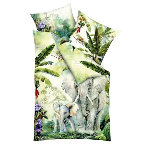 Kaeppel Mako-Satin Bettwäsche Elephants grün - Bettwäsche-Set aus 100% Baumwolle, langlebig und komfortabel mit einem charmanten Elefanten-Motiv in grün, ideal für eine gemütliche Schlafzimmeratmosphäre.