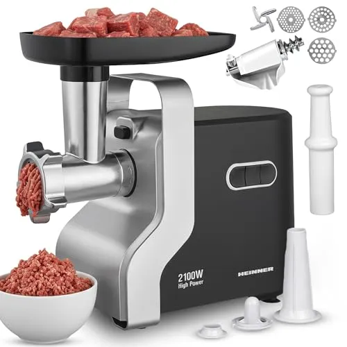 HEINNER MG-2100BKSL Fleischwolf - 2100W Elektrischer Fleischwolf mit Edelstahlklingen, 3 Schneidplatten, Tomatenentsafter, Wurst- & Kibbe-Aufsätze, 3 Jahre Garantie