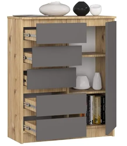 BDW - Kommode mit 5 Schubladen und 1 Tür - 80 cm breit, 97 cm hoch - Schrank, Sideboard, Mehrzweck-, Schuhschrank, Schubladenkommode, Aktenschrank - Wohn-, Schlafzimmer, Flur (Artisan-Eiche/Grau)