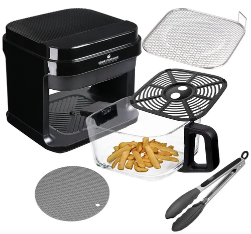 KeMar Kitchenware Heißluftfritteuse 1200 W mit Glasbehälter - Heißluftfritteuse mit 5,5 Liter Volumen, rundum einsehbarem Glasbehälter und Touch-Bedienung für gesunde Zubereitung ohne Beschichtung und einfache Reinigung.