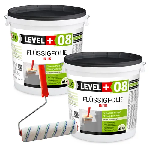 Level+ Dichtstoff Flüssigfolie 50kg mit Farbroller 25cm - Wasserdichte 1K Polymerdichtmembran für Innenräume, ideal für effektiven Schutz gegen Feuchtigkeit. Inklusive hochwertigem Mikrofaser-Roller für eine einfache Anwendung.