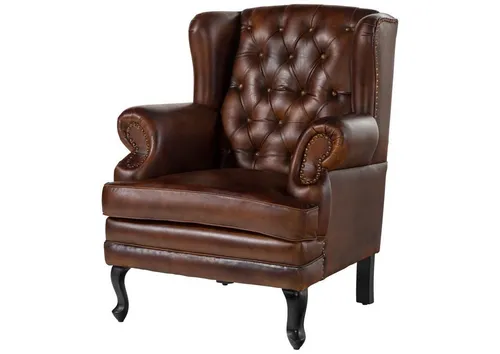 Massivmoebel24 Ohrensessel CHESTERFIELD aus Echtleder - Einzelsessel im klassischen englischen Stil, gefertigt aus hochwertigem Echtleder mit eleganten Steppungen und geschwungenen Füßen aus Altholz.