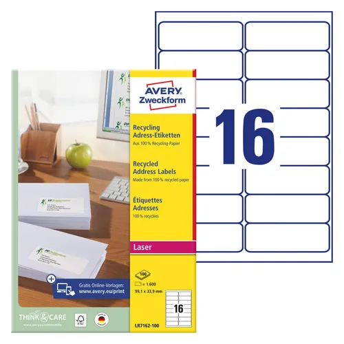 AVERY Zweckform LR7162-100 Recycling Etiketten - 1.600 umweltfreundliche Adressaufkleber (99,1x33,9mm) aus 100% Recyclingpapier, ideal für DIN lang Kuverts - für einen schnellen und sauberen Druck ohne Klebereste!