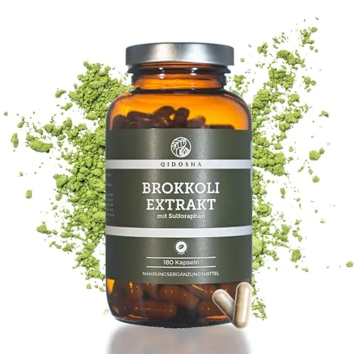 QIDOSHA® Hochdosierter Brokkoli Extrakt mit 13% Sulforaphan – 180 Kapseln im Apothekerglas - Hochwertiger Brokkoli Extrakt mit 1300 mg pro Tagesportion, laborgeprüft und ohne Zusatzstoffe. Ideal für eine bewusste Ernährung – 3 Monate Vorrat in lichtgeschütztem Glas.