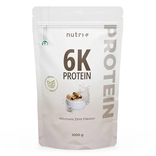 nutri+ Proteinpulver 6K Eiweiß Pulver, 1000 g - Proteine für Muskelaufbau, veganes Milchreis-Zimt-Pulver ohne Zusatzstoffe, ideal für Fitness und Ernährung.