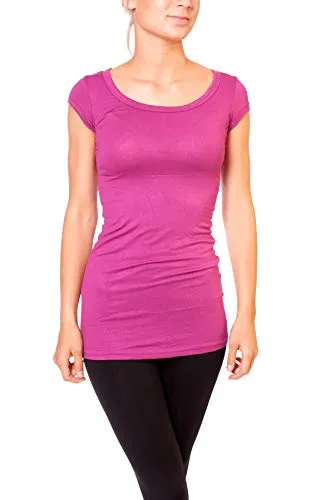 Easy Young Fashion - Damen Basic T-Shirt - langes Kurzarm Longshirt - Rundhals Longsleeve - Unterziehhemd Skinny Fit 1002 - Helle Beere S