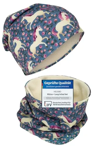 HECKBO Pferd Kinder Beanie Mütze & Schlauchschal Set - 2-8 Jahre - Fleece Innen - Mädchen Jungen - 95% Baumwolle (48–54 cm)