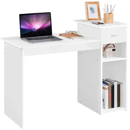 Yaheetech Schreibtisch Computertisch, PC-Tisch mit Schublade und Ablagen, Bürotisch aus Holz, Arbeitstisch für Home Office, Wohnzimmer, 112 x 82 x 50 cm Weiß
