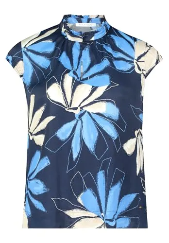 Betty & Co Damen Schlupfbluse Kurzarm 40, Dunkelblau/Blau - Damen Tops, figurumspielende Kurzarmbluse mit raffiniertem Druck und Raffung, perfekt für einen lässigen Look.