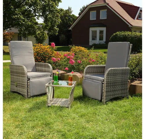 Mucola Gartenmöbel Set Polyrattan Sessel 2 Stück mit Beistelltisch - Unterhaltungssets für die Terrasse mit verstellbaren Rücken- & Fußlehnen für maximalen Komfort – ideal für entspannte Stunden im Freien.