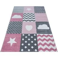Ayyildiz Kinderteppich Kids 620 - Rosa Sterne & Wolken - Teppich für Kinderzimmer, rechteckig, 80 cm x 150 cm, aus strapazierfähigem Kunstfaser, pflegeleicht und schmutzabweisend – ideal für ein gemütliches und farbenfrohes Ambiente.
