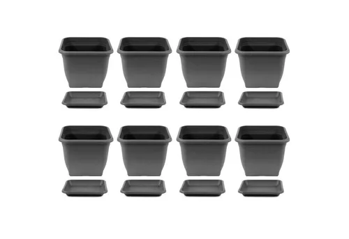 HAC24 Blumentopf Pflanztopf Pflanzkübel Pflanzuntersetzer Blumenkübel Pflanzcontainer (8 St), Kunststoff 40 x 40 cm incl. Untersetzer Eckig Anthrazit