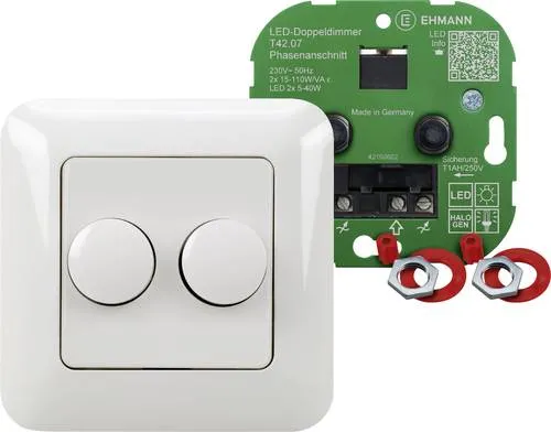Ehmann 4260c0701 Unterputz Dimmer für LED, Glühlampe & Halogen - Smart Home Unterputz-Doppeldimmer, ideal für dimmbare LED-Leuchtmittel und Glühlampen, ermöglicht platzsparendes Dimmen zweier Leuchtstellen.