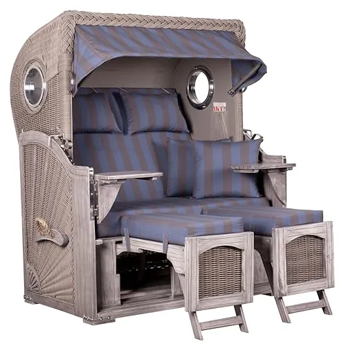 MR. DEKO® Strandkorb Düne Mahagoni Washed Grey 2-Sitzer Bullauge - Entspannen Sie im stilvollen 2-Sitzer Strandkorb Düne in Washed Grey. Mit verstellbarem Volllieger, dicken Polstern und Fußablagen ist er ideal für Garten, Balkon oder Terrasse. Genießen Sie Komfort und Qualität in jedem Moment.