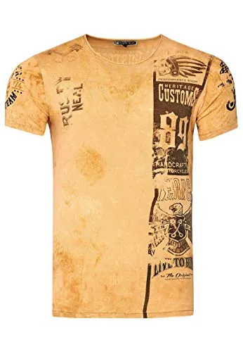 Rusty Neal Herren T-Shirt Rundhals All Over Print Tee Shirt Kurzarm Regular Fit Stretch 100% Baumwolle S M L XL XXL 3XL 234, Farbe:Camel, Größe:L