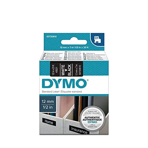 DYMO LabelManager™ 45021 Laminiertes Band für D1 Stifte, 12 mm, Schwarz - Schriftbänder für DYMO LabelManager, langlebig und wasserfest, ideal für klare Beschriftungen im Büro oder Zuhause.