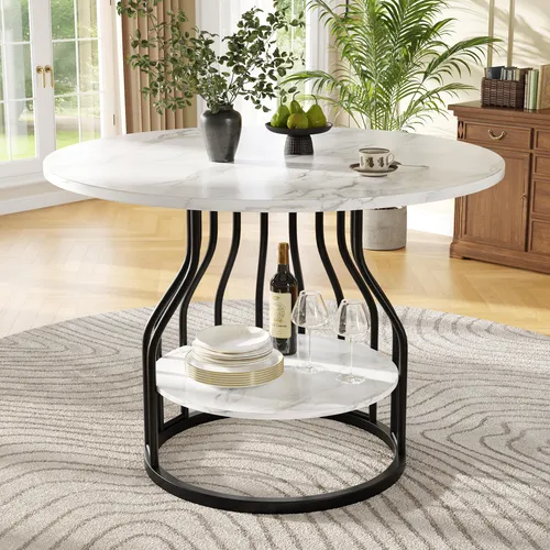 STILVORA Esstisch mit runder MDF-Marmor-Tischplatte, Küchentisch 80x80x76 cm für 4 Personen, Couchtisch mit mittlerer Ablagefläche, Schwarz
