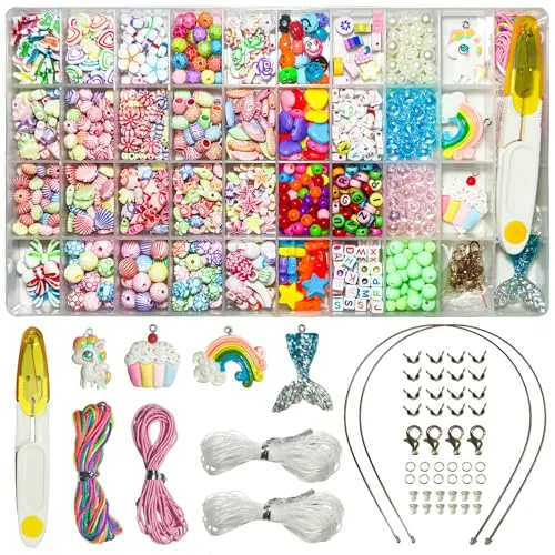 IBOPUXIU Geschenke für Mädchen, DIY Bastelset für Kinder ab 6 Jahren, Armbänder selber machen mit 36 Farben, Perlen zum Auffädeln und Schmuck basteln