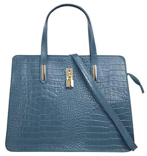 Henkeltasche CLUTY – Damen Handtasche in Blau mit Reptilienprägung - Elegante Handtasche aus echtem Leder mit 2 Tragevarianten, ideal für jeden Anlass. Das 2-geteilte Hauptfach bietet Platz für Smartphone, Portemonnaie und mehr. Made in Italy – Stil und Qualität vereint!