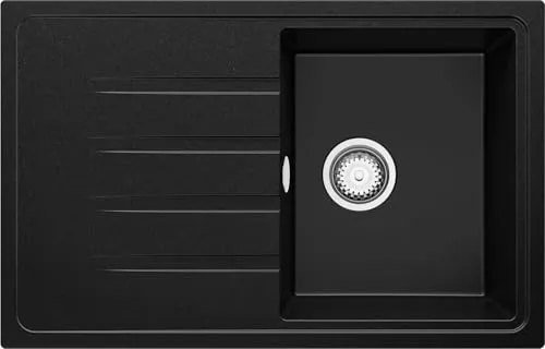 PRIMAGRAN Spülbecken Schwarz 78x50cm, Granitspüle 1 Becken + Ablauf-Set, Küchenspüle ab 45er Unterschrank - Mailand S001