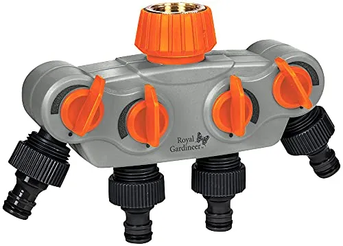 Royal Gardineer Schlauch Verteiler: Regulierbarer 4-Fach-Garten-Wasserverteiler mit Metall-Anschluss (Bewässerungsverteiler, Schlauchanschlüsse, Bewässerungscomputer)