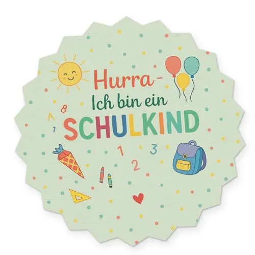 itenga 10x Sticker Einschulung Schulanfang Aufkleber Endlich Schulkind Tafel rund Gastgeschenk Geschenkverpackung (Hurra ich bin ein Schulkind)