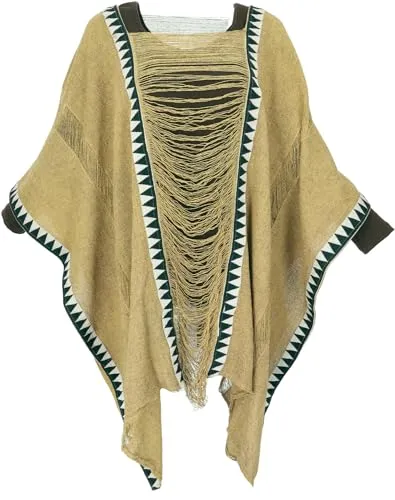 GURU SHOP Boho Poncho - Extravaganter hellbrauner Damenponcho aus Baumwolle - Strick Ponchos & Capes für Damen, einzigartiges Design mit Webbordüre, ideal für Layering über Jacken oder Shirts und perfekt für dein Boho-Outfit.