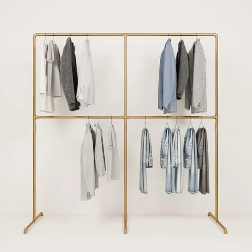 pamo Kleiderständer Gold – Freistehende Kleiderstange im Industrial Design - Robust und belastbar bis 120 kg, aus pulverbeschichtetem Stahl. Das edle goldene Finish macht diesen Kleiderständer zum Blickfang in jedem Raum. Ideal als platzsparender offener Kleiderschrank oder Garderobe.