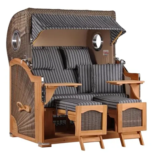 MR. DEKO® Strandkorb Düne Grande XL 2,5-Sitzer Teak | PE Geflecht Grey - Dessin 500 | Volllieger Strandstuhl mit Bullauge inkl. 2 Fußablagen | je 2 Kissen und Nackenkissen | Strandkörbe aus Teakholz