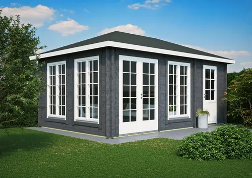 Gartenhaus Modell Porto 44 A – Stabil und Geräumig - Massives Gartenhaus aus nordischer Fichte mit 44mm Wandstärke, ideal für Gartenliebhaber. Extra hohe Türen und Fenster sorgen für viel Licht und Raum. Robuste Konstruktion für langanhaltende Freude im Garten.