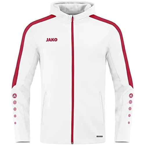Jako Kapuzenjacke Power weiß/rot 38 - Sportjacke für Damen mit Kapuze, aus hochwertigem Bonded-Polyester-Fleece für optimalen Wärme- und Tragekomfort, ideal für Training und Freizeit.