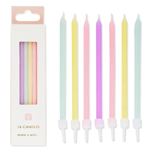 Packung mit 16 Regenbogen-Pastell Geburtstagskerzen mit Halterungen | Lang, Dünn, 10 cm | Kerzen Geburtstag Kuchendeko Kinder, Tochter, Mädchen-Party, 16, 18, 21, Babyparty, Ostern