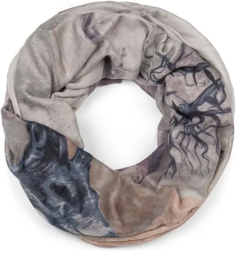 styleBREAKER Damen Loop Schal mit Hirsch Print und geometrischer Einteilung, Schlauchschal mehrfarbig, Tuch 01017131, Farbe:Grau-Mauve