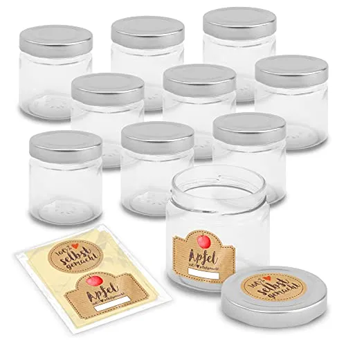 itenga 10x Marmeladengläser rund 212ml und passende Marmeladensticker Apfel - Einmachgläser modernes Glas Apfelmarmelade