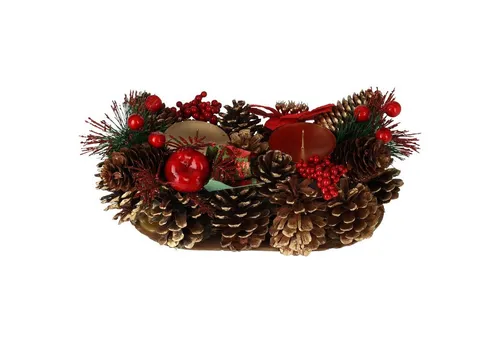 Kerzenhalter mit Zapfen - Weihnachtsdeko für 2 Kerzen - Kränze, Girlanden & Pflanzen - Stilvolle Türdekoration aus braunem Kunststoff mit festlichem Kranzdesign, ideal für die Weihnachtszeit.